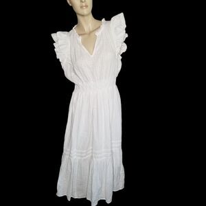 Sam Edelman White Cotton Ruffle Sleeves Midi Tiered Dress Boho Cottagecore LG